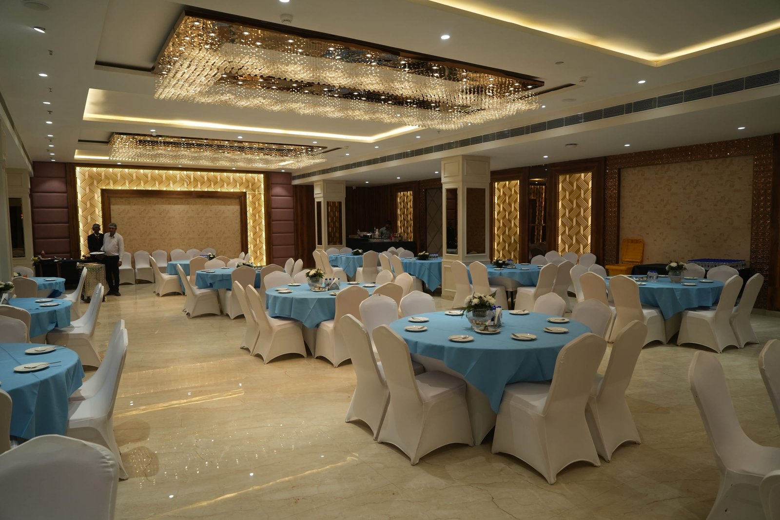 The banquet hall from the entrance, set and empty