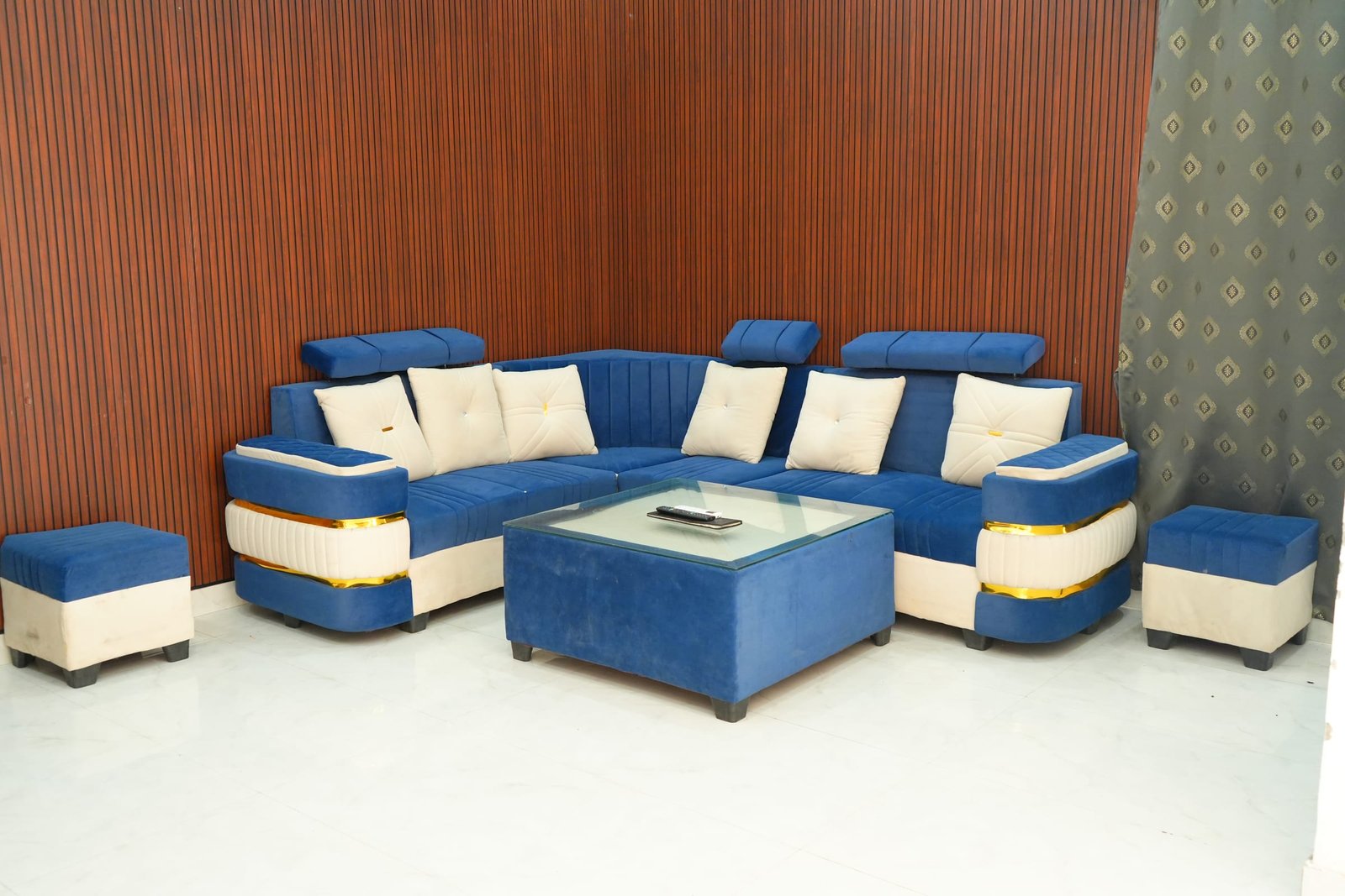 The blue sectional lounge in the New Wing