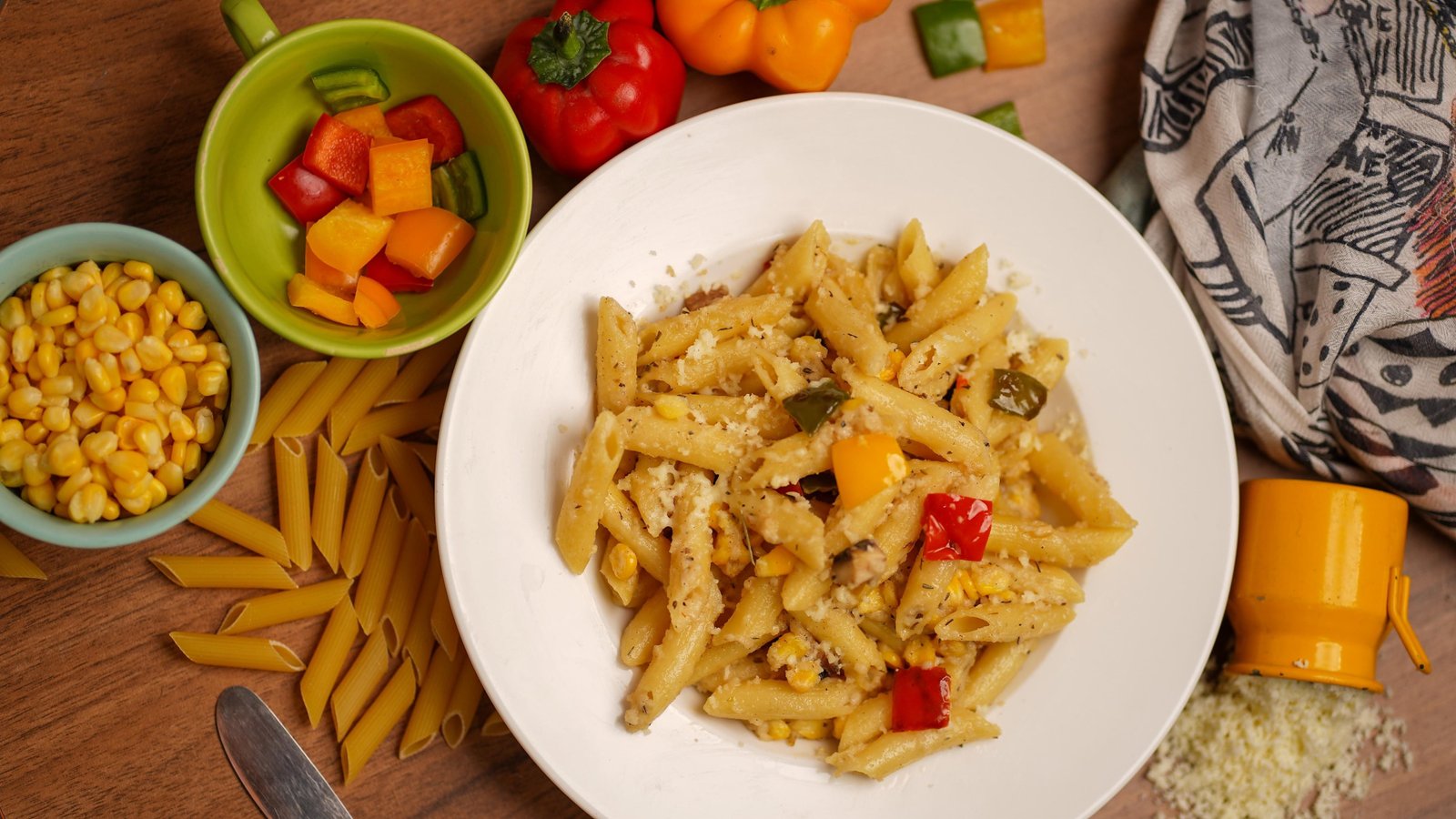 Penne with peppers and sweetcorn