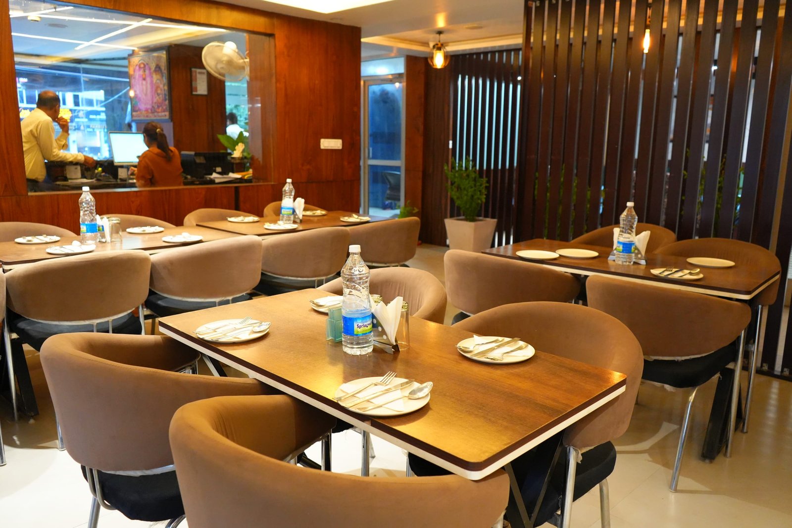 The restaurant at Northwind, tables laid down the room