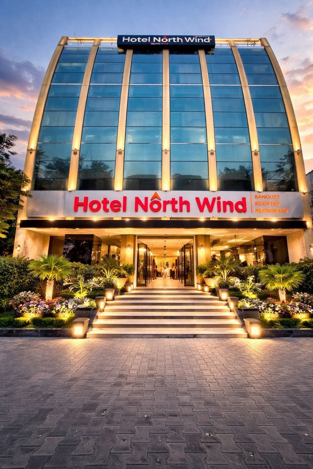 The curved glass frontage at dusk, the name lit above the entrance