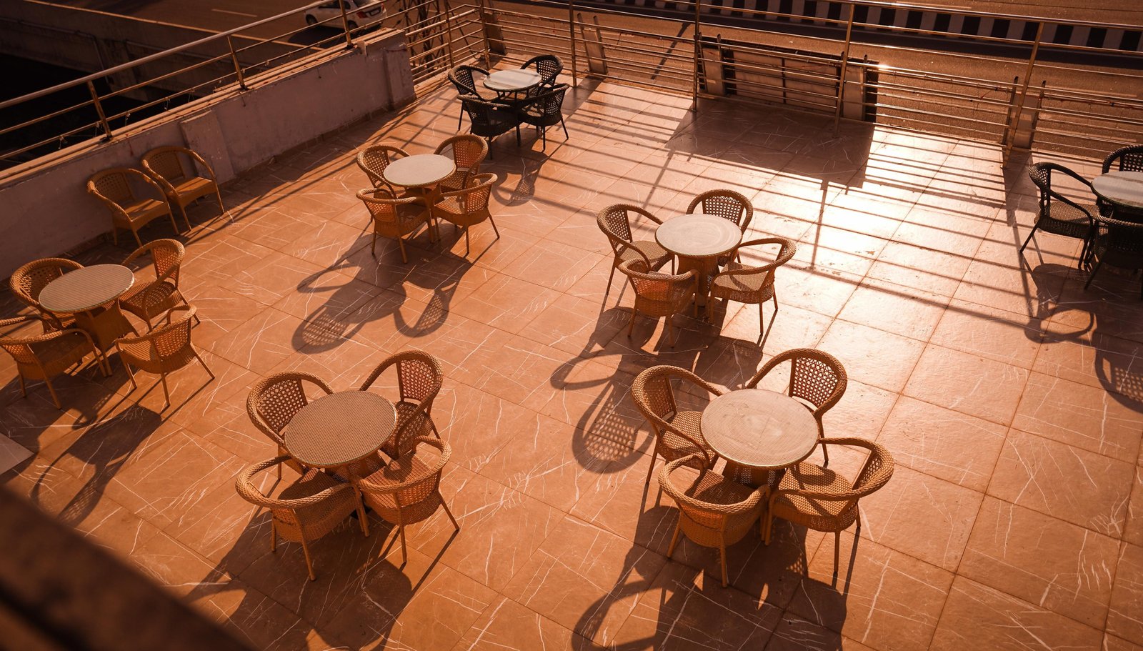 The rooftop laid out for service, seen from above